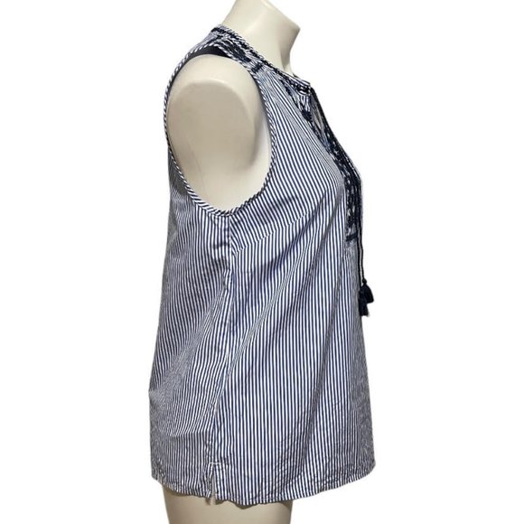 J. Crew Factory Size 6 White Blue Pinstripe Split Neck Tassel Tie Embroi… - Picture 3 of 6